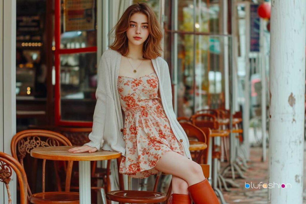 Relaxed young woman in a cozy cardigan and floral dress seated at a quaint café terrace.