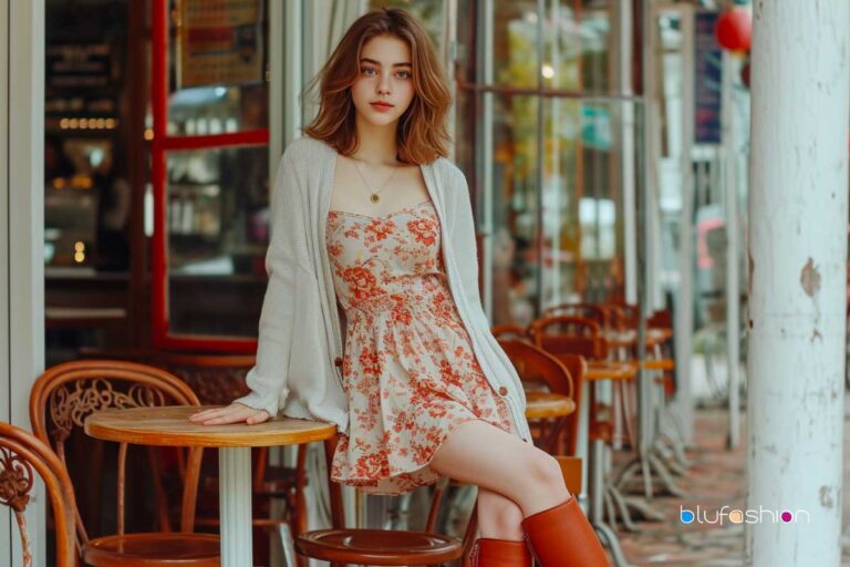 Relaxed young woman in a cozy cardigan and floral dress seated at a quaint café terrace.