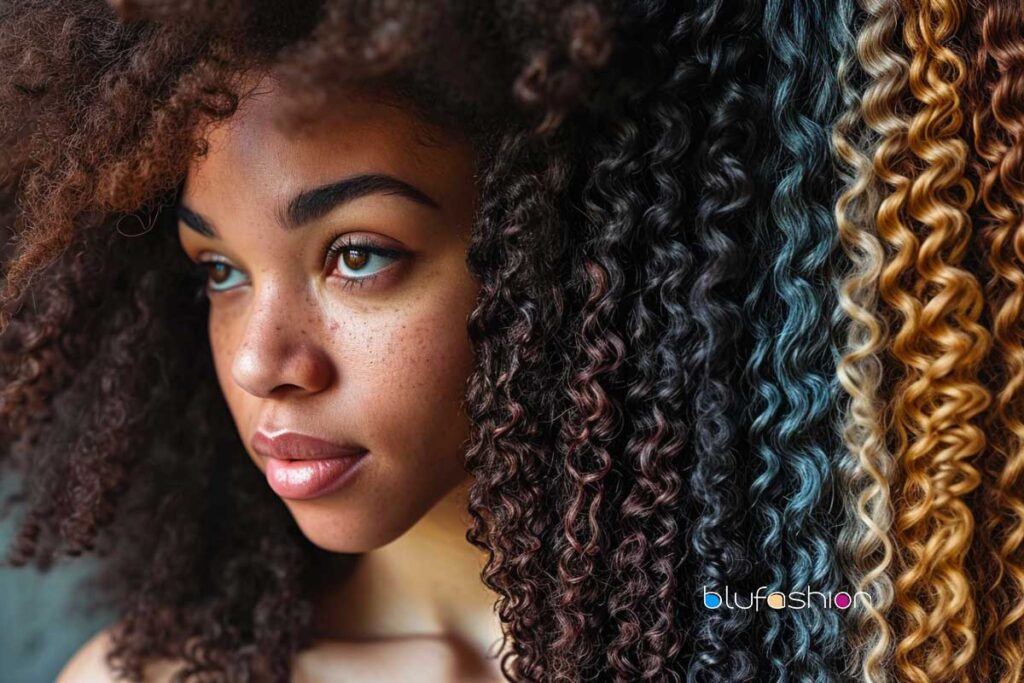 Variety of curly hair weaves in natural shades displayed beside a woman with natural curls.