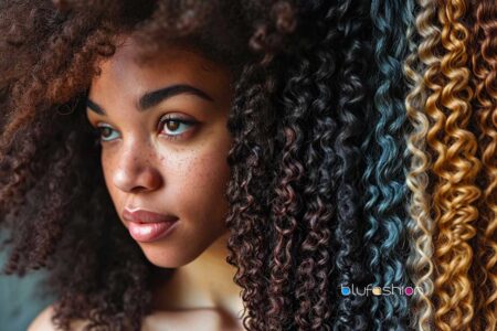 Variety of curly hair weaves in natural shades displayed beside a woman with natural curls.