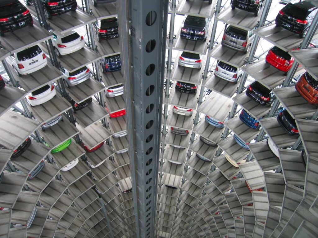 Modern automated car parking system in a multi-story garage.