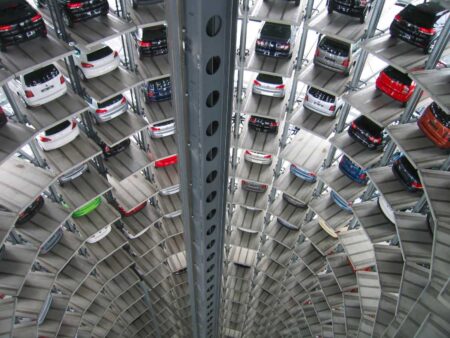 Modern automated car parking system in a multi-story garage.