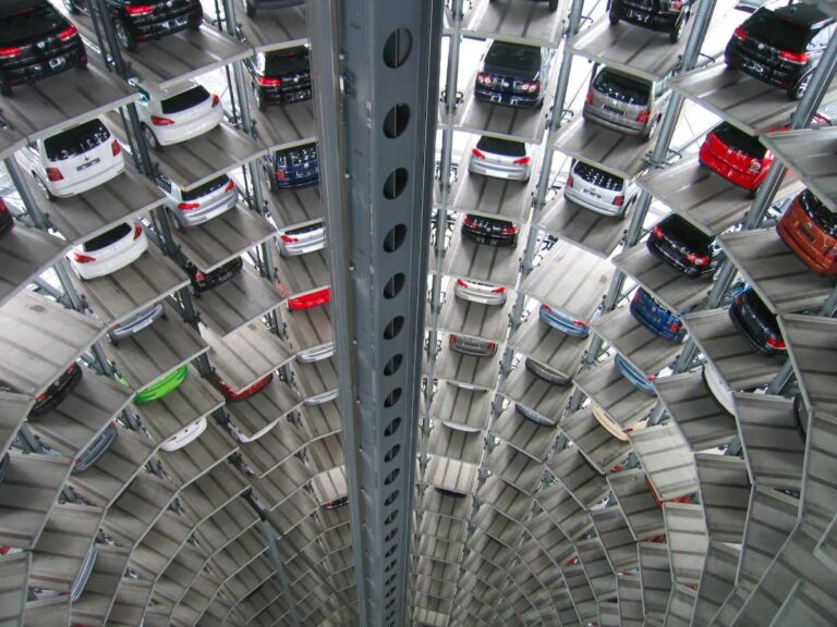 Modern automated car parking system in a multi-story garage.