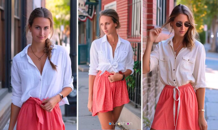 Shirt Over a Dress: Stylish woman in a casual chic outfit, sporting a knotted white shirt over a flowing coral dress, accessorized with minimalist jewelry.