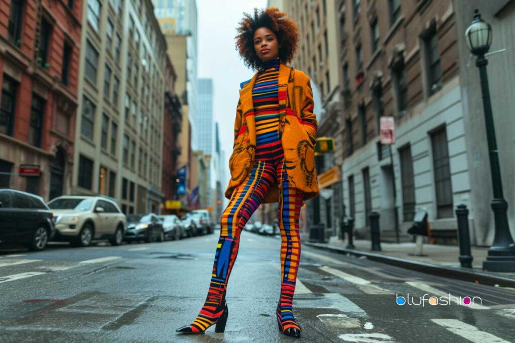 Fashionable woman in colorful striped outfit and heels on urban street, by blufashion