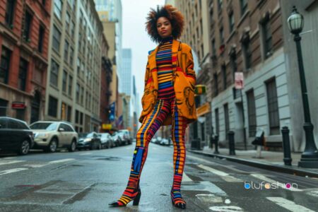 Fashionable woman in colorful striped outfit and heels on urban street, by blufashion