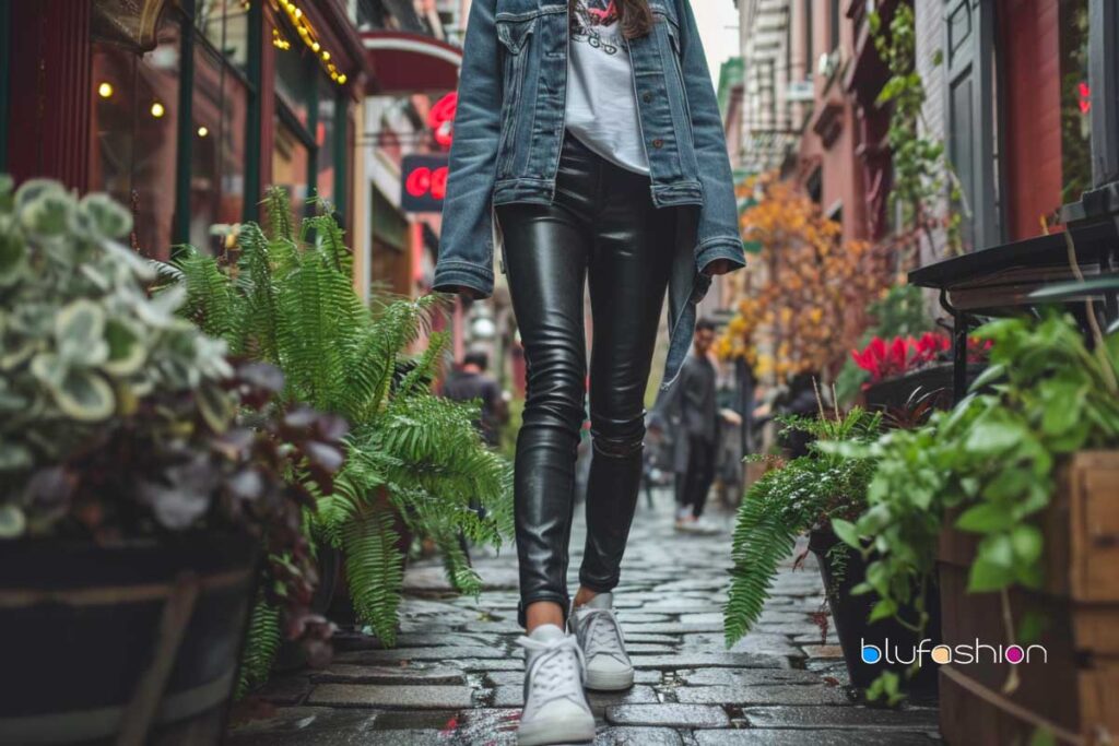 Edgy Leather Pants Outfit Look: Casual chic street style with leather pants and denim jacket.