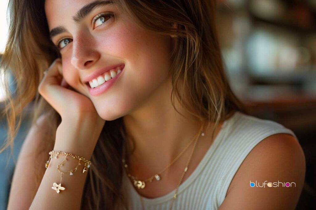 Smiling young woman with delicate gold bracelets and necklaces, casual chic style.