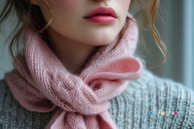 Spring Scarves: Close-up of a woman in a pink knitted scarf and grey sweater, soft makeup