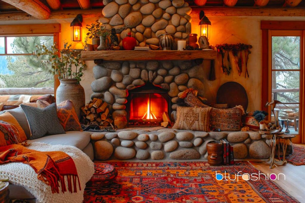 Cozy cabin living room with river rock fireplace, rustic wooden mantel, and colorful area rug.