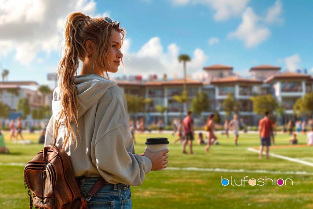 Soccer Mom Costume: Smiling woman with a casual ponytail holding coffee on a sunny day at the park with blurred background