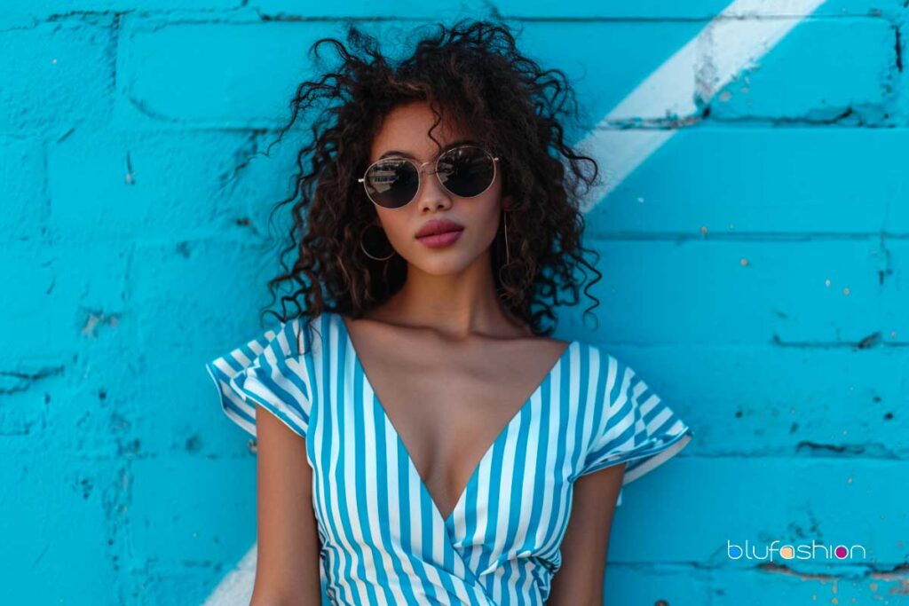 Stylish woman in striped summer dress with round sunglasses against a vibrant blue wall.