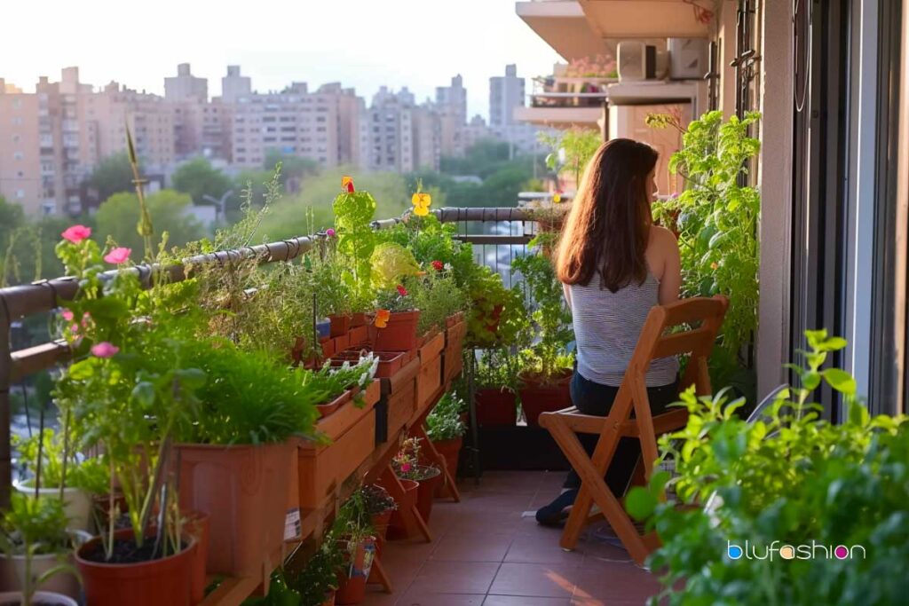 Urban Gardening in Tiny Apartments: Woman tending to a balcony garden with assorted plants in pots during sunset in the city.