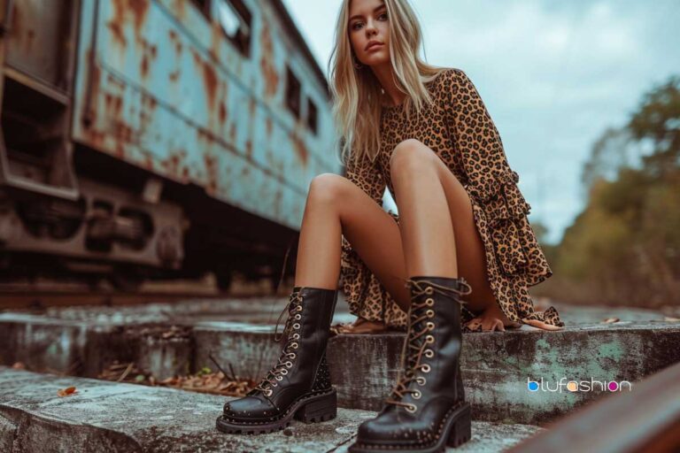 Blonde woman in a leopard print dress posing on rustic train steps in studded black combat boots.