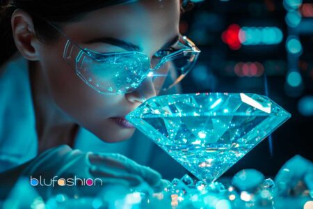 Woman with safety glasses examining large luminescent diamond closely.