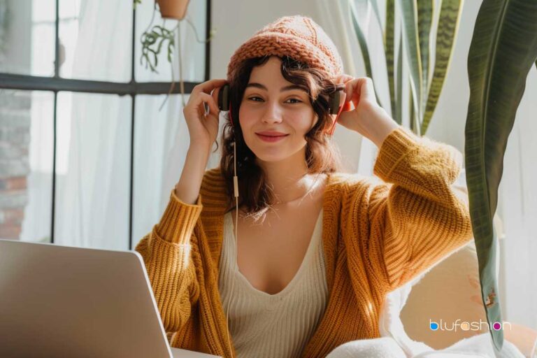 Zoom Meeting: Smiling young woman with headphones enjoying music on her laptop in a cozy, plant-filled room.