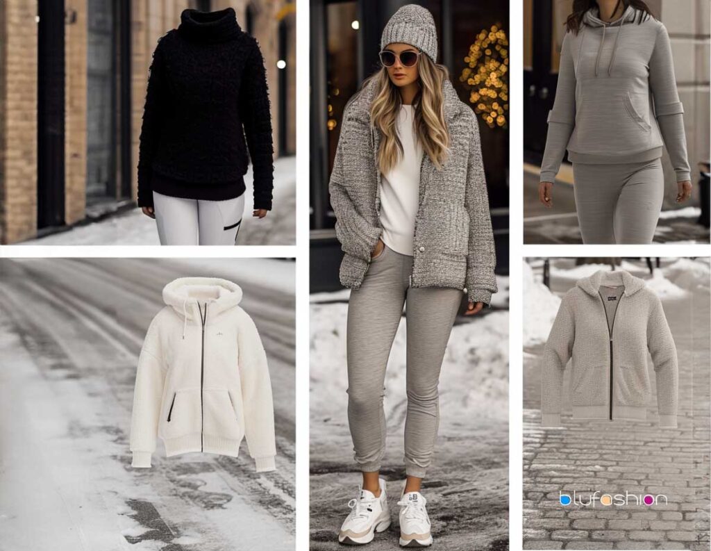 Winter athleisure collection featuring cozy hoodies, joggers, and textured pullovers.