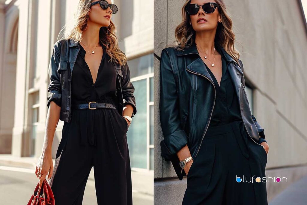 Chic woman in black jumpsuit and leather jacket with trendy accessories.