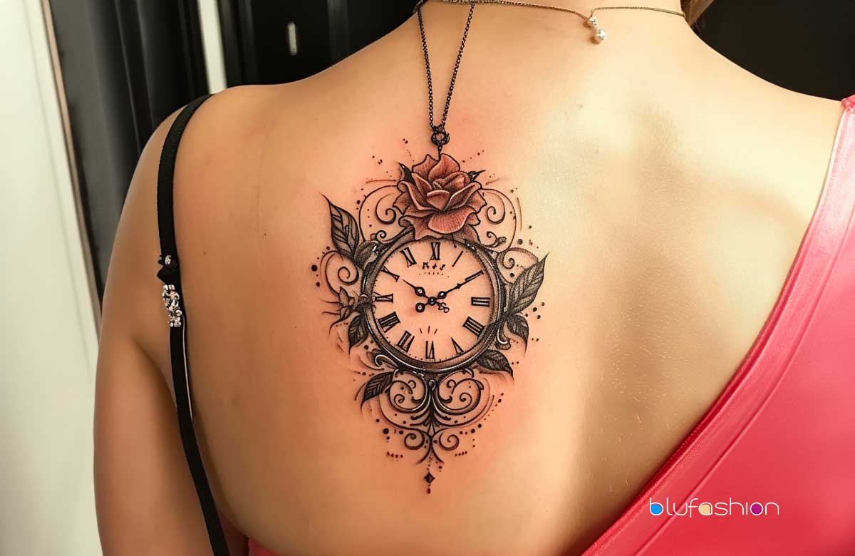 Black and grey tattoo design of an alarm clock, roses, dove, cross, and  birds on an arm. on Craiyon, image size:1200x780