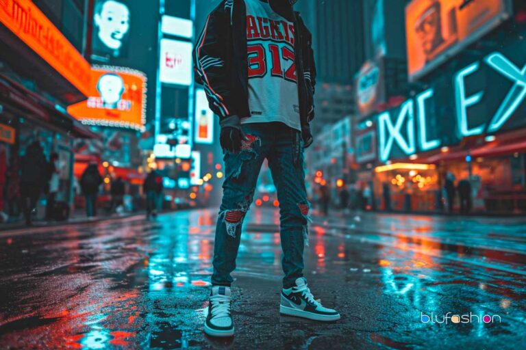 Stylish urban man in basketball jersey and ripped jeans standing on a neon-lit city street at night, reflecting on wet pavement.