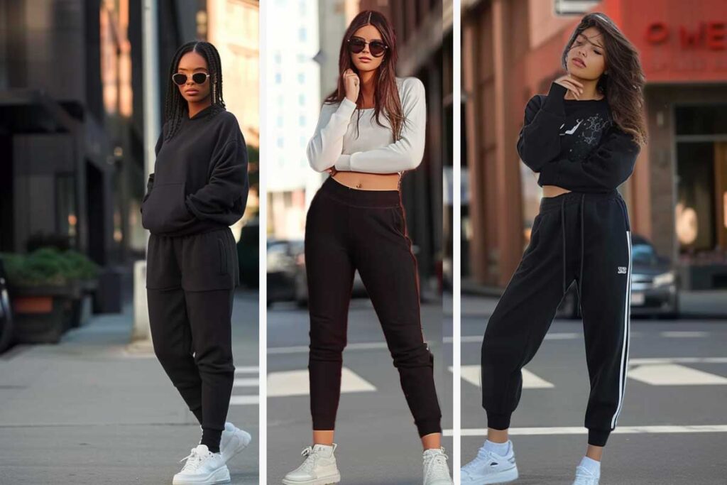 how to style black sweatpants: Three trendy street style looks featuring black sweatpants paired with casual tops and sneakers.