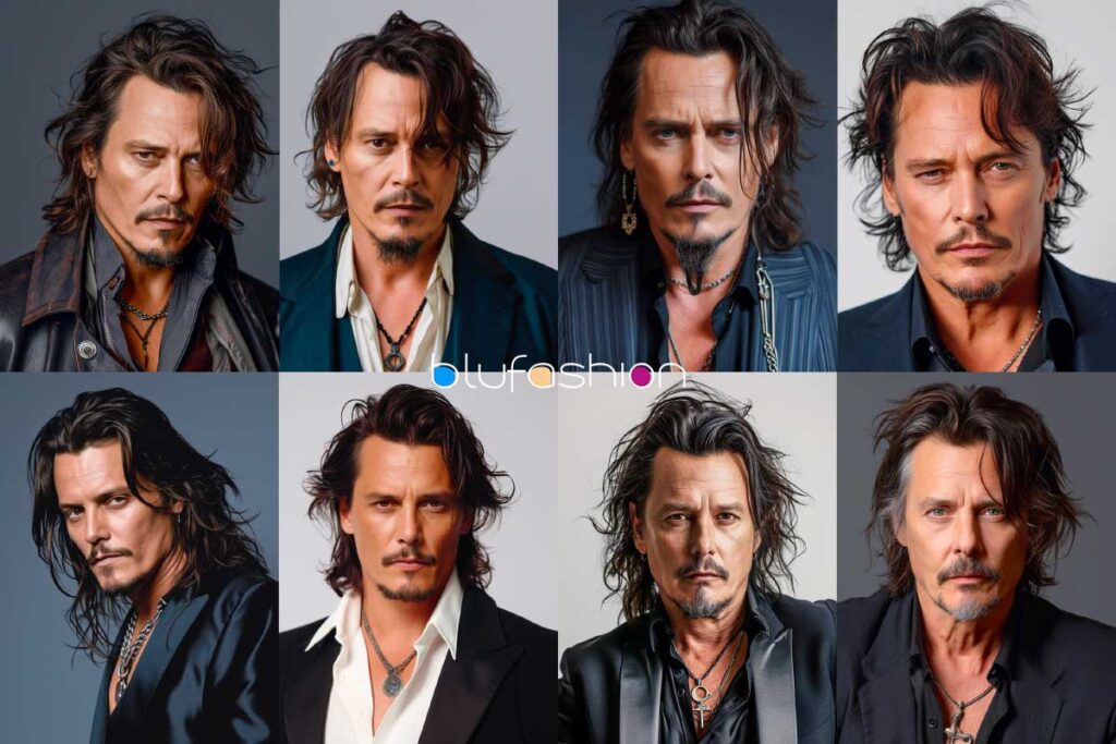 Johnny Depp Hairline: Collage of male actor with various hairstyles and expressions in grayscale tones.