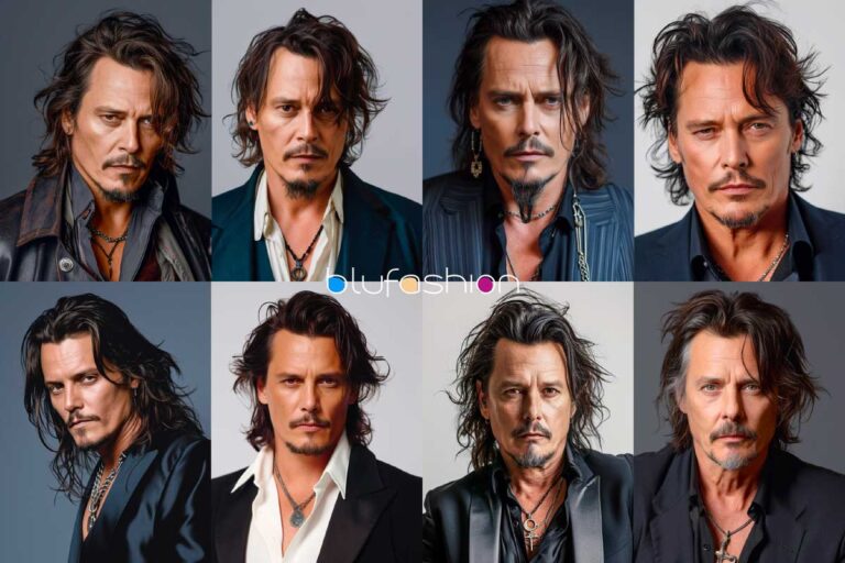 Johnny Depp Hairline: Collage of male actor with various hairstyles and expressions in grayscale tones.