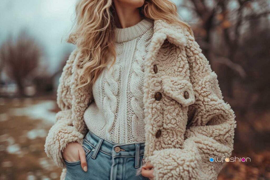 Cozy teddy bear jacket and cable knit sweater, perfect for a chic winter look