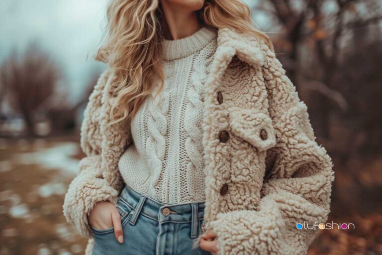 Cozy teddy bear jacket and cable knit sweater, perfect for a chic winter look
