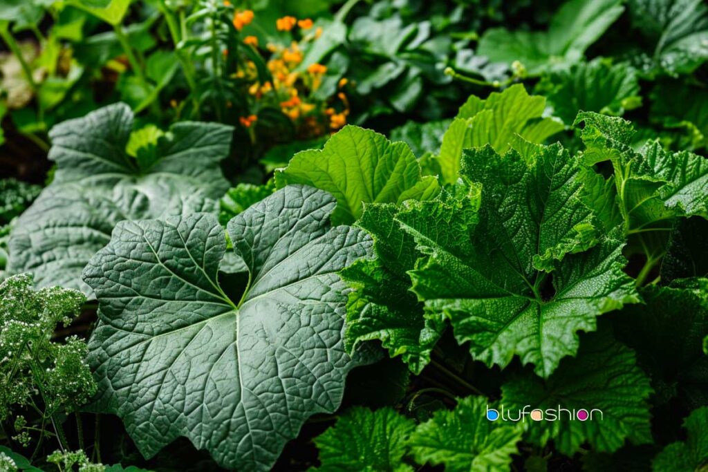 Vibrant green squash leaves with rich texture in a lush garden, perfect for plant identification guides.