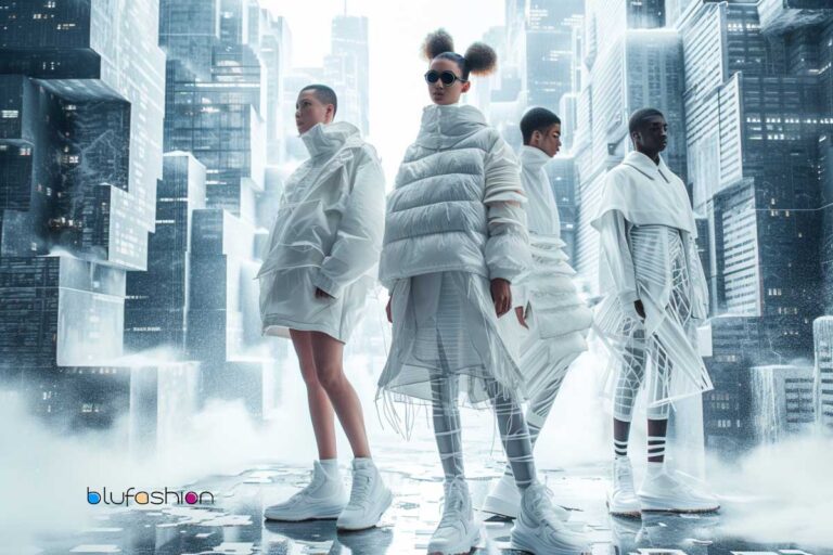 Fashion Creations: Four models strut confidently in futuristic white layered attire against a backdrop of a high-tech cityscape, creating a striking contrast between fashion and the urban environment.