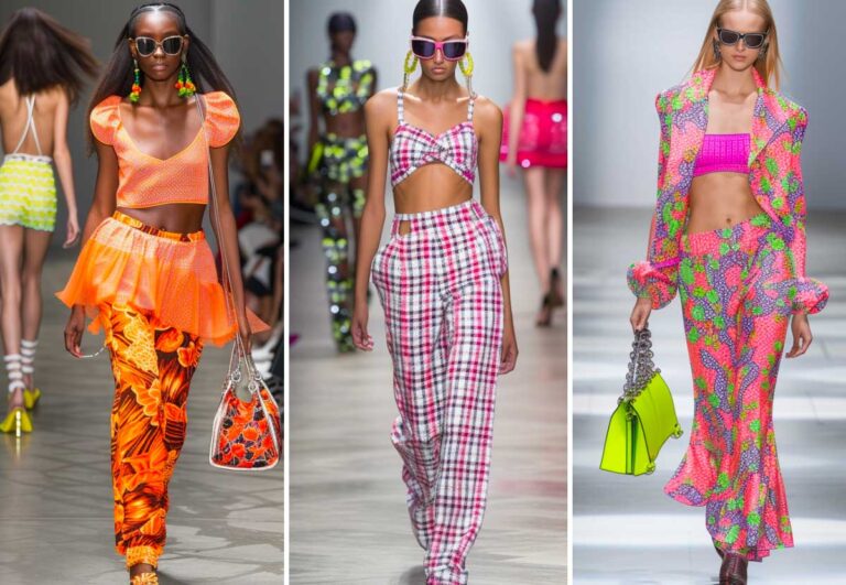 Vibrant spring fashion trends featuring bold patterns and bright colors on runway models.