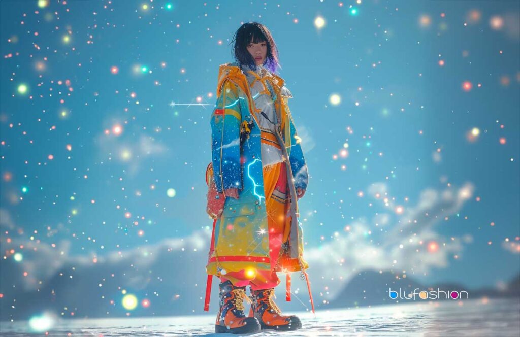 Model in uchuu kei fashion with vibrant patchwork coat, colorful hair, and statement platform boots against a fantastical cosmic backdrop with glittering particles.