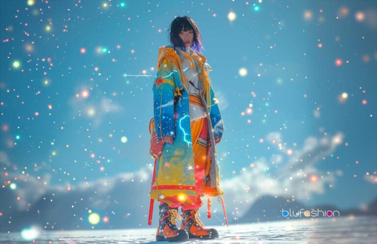 Model in uchuu kei fashion with vibrant patchwork coat, colorful hair, and statement platform boots against a fantastical cosmic backdrop with glittering particles.
