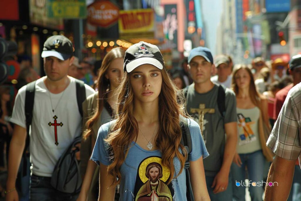 Young woman in a crowd wearing Christian-themed apparel, including a t-shirt with religious imagery and a cap with a cross emblem.