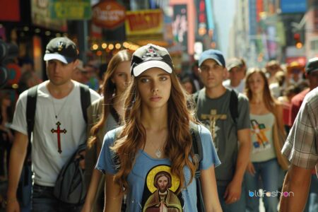 Young woman in a crowd wearing Christian-themed apparel, including a t-shirt with religious imagery and a cap with a cross emblem.
