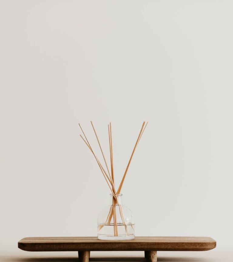 A minimalist's home decor station with a simple reed diffuser on a stand for home fragrance notes.