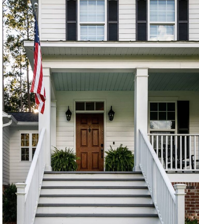 A home has white siding, black shutters, a wooden front door, and a large front porch. An American flag sways in the wind.