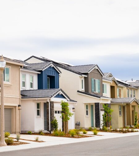 The street is lined with single-family homes in many colors. Each home has a small tree in the front yard.