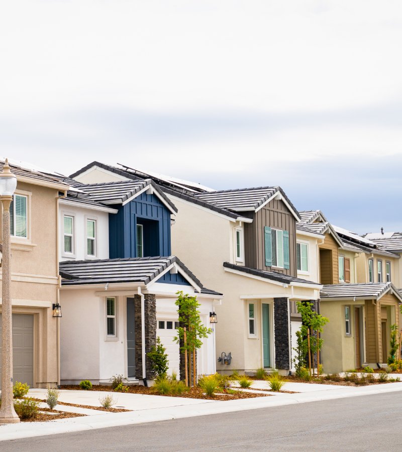 The street is lined with single-family homes in many colors. Each home has a small tree in the front yard.