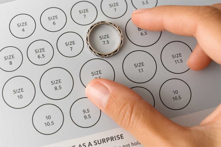 A hand places a silver ring over a size 7.5 circle on a printed ring size chart.