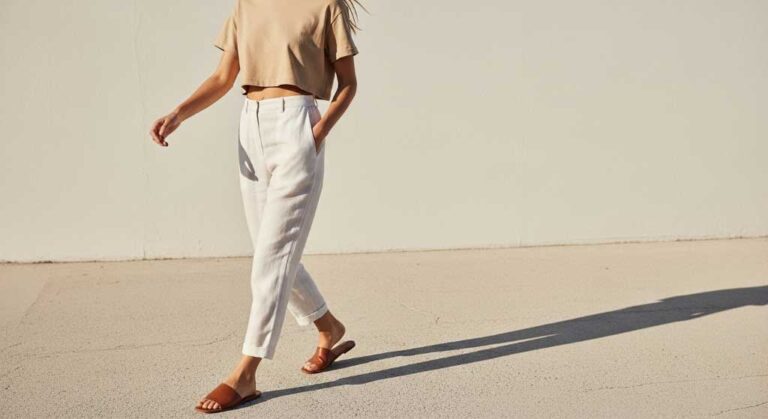 Linen Pants for Petites: A petite woman (5'2") strolling confidently wearing ankle-length off-white linen pants