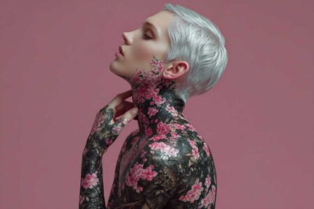 A fashion photoshoot of a young woman, painted in black with cherry blossom tattoo.