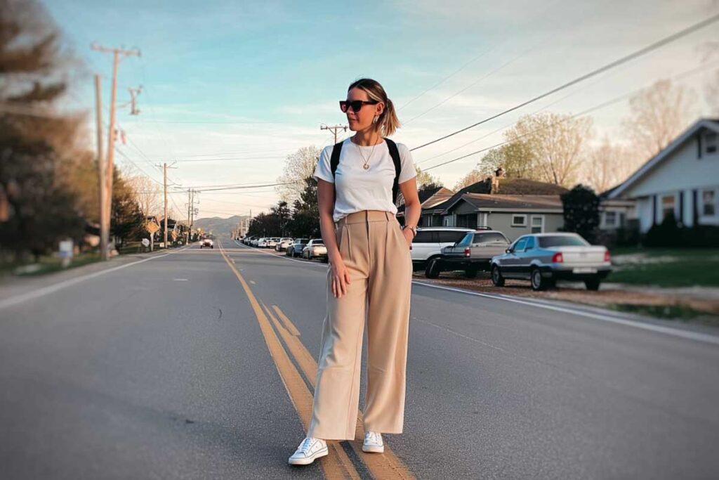 relaxed lifestyle shot of a woman standing in the middle of a quiet suburban street at sunset