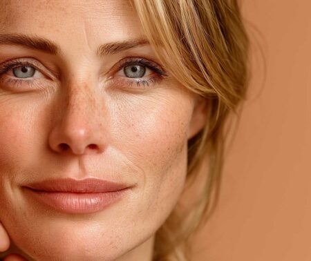 A portrait of a confident woman aged 35-40 with glowing, healthy skin.