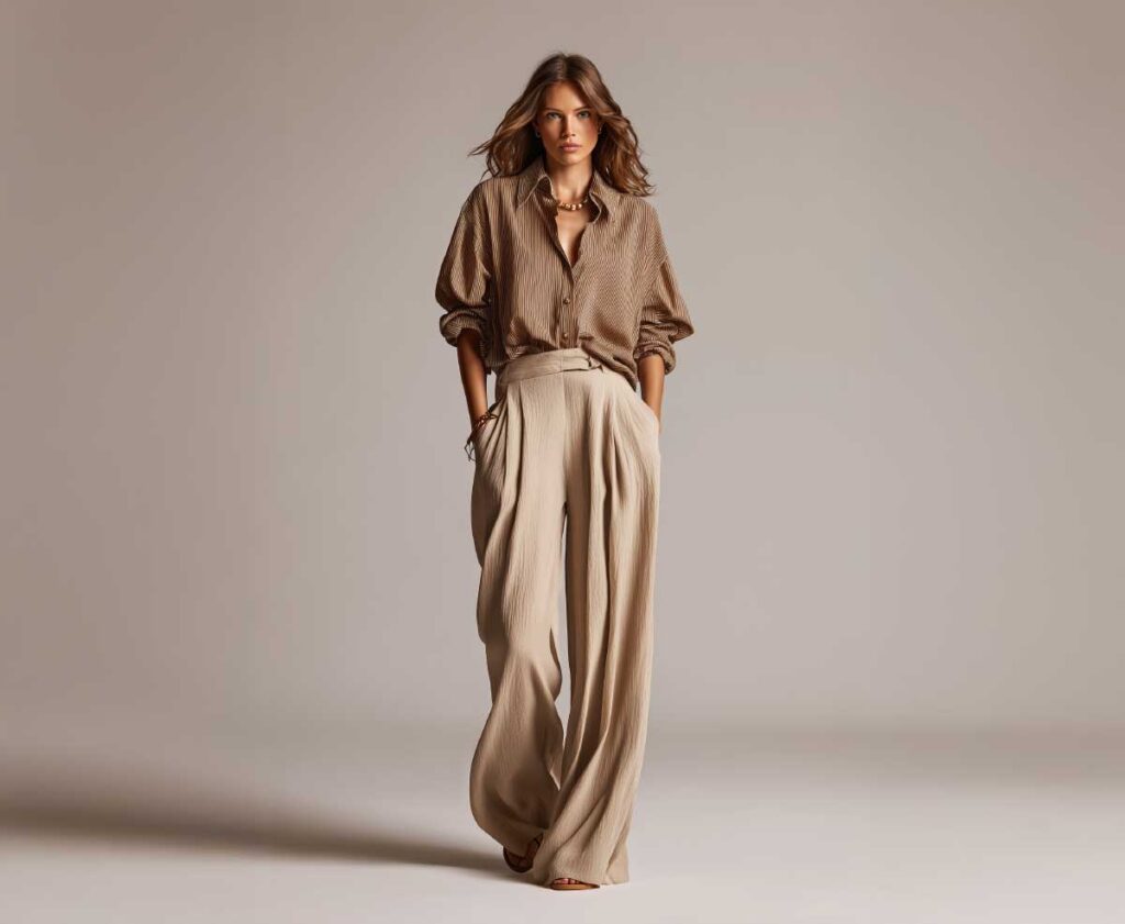 loose-fit silhouette, flowing wide-leg trousers, relaxed style, casual elegance, soft fabric draping