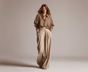 loose-fit silhouette, flowing wide-leg trousers, relaxed style, casual elegance, soft fabric draping