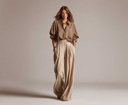 loose-fit silhouette, flowing wide-leg trousers, relaxed style, casual elegance, soft fabric draping
