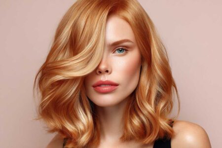 A woman with shoulder-length strawberry blonde hair