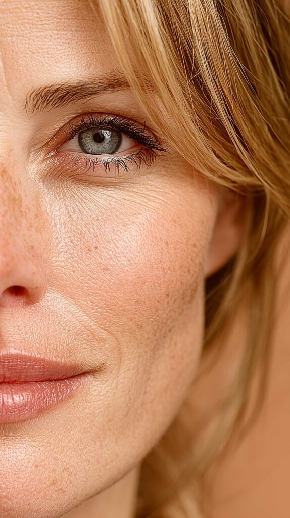 A portrait of a woman aged 35-40 with glowing and healthy skin.